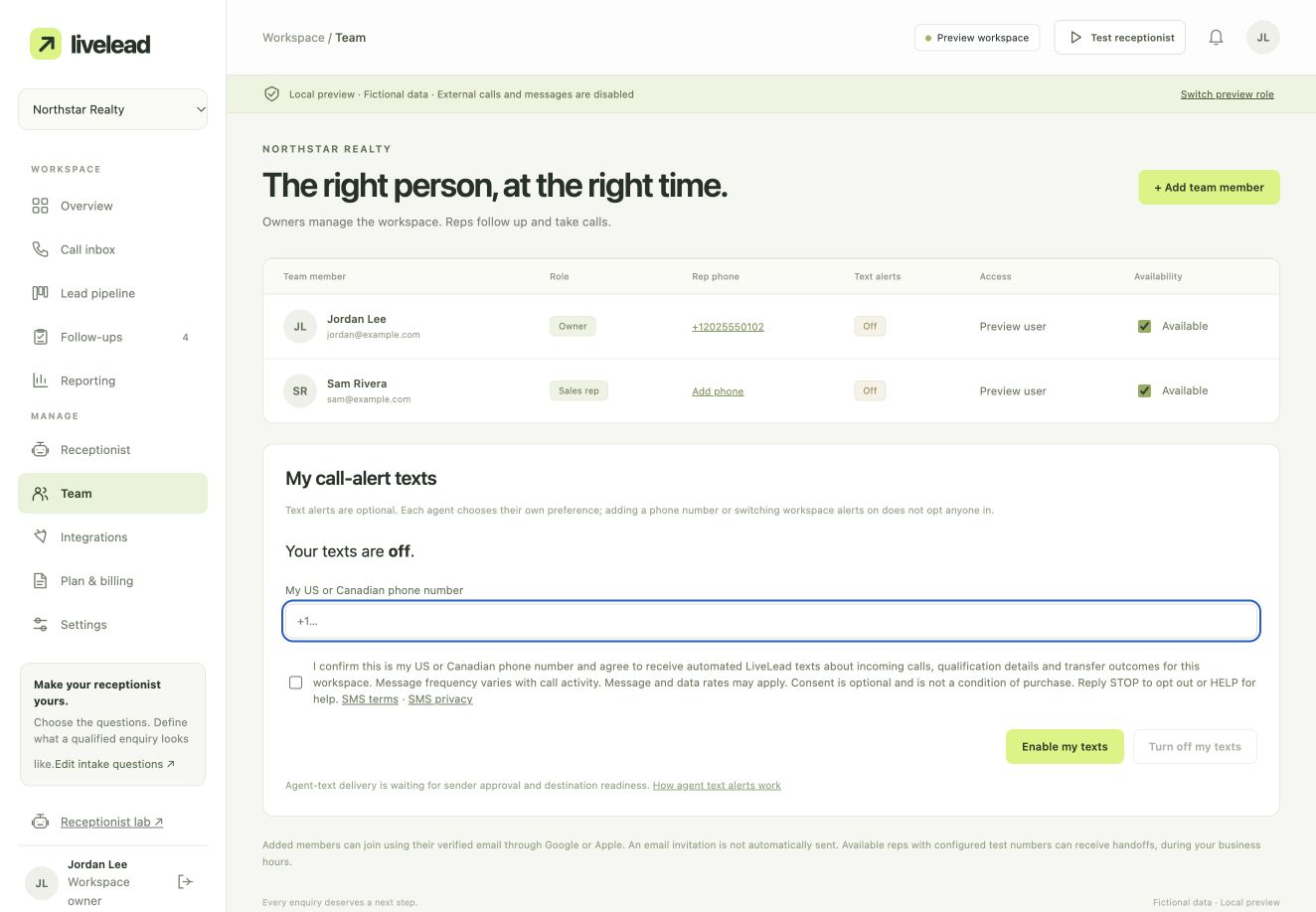 LiveLead Team screen showing a blank US phone field, unchecked consent checkbox, SMS terms and privacy links, and Enable my texts button in a fictional workspace